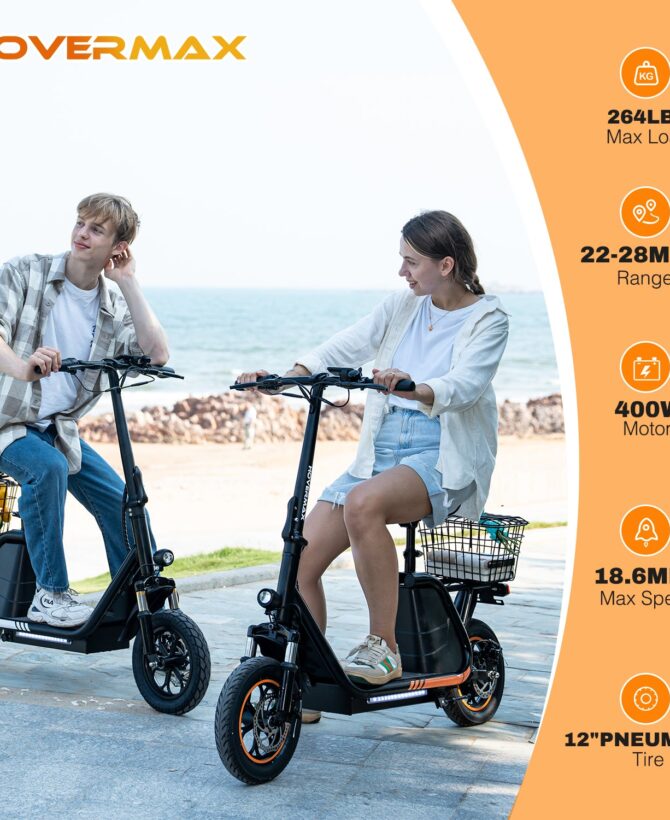 HOVERMAX Electric Scooter with Seat for Adult, 400W Motor up to 22 Miles Range & 18.6Mph, 12" Pneumatic Tire Foldable Scooter with Seat & Carry Basket