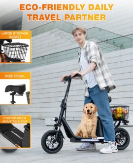 HOVERMAX Electric Scooter with Seat for Adult, 400W Motor up to 22 Miles Range & 18.6Mph, 12" Pneumatic Tire Foldable Scooter with Seat & Carry Basket