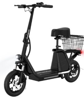 HOVERMAX Electric Scooter with Seat for Adult, 400W Motor up to 22 Miles Range & 18.6Mph, 12" Pneumatic Tire Foldable Scooter with Seat & Carry Basket